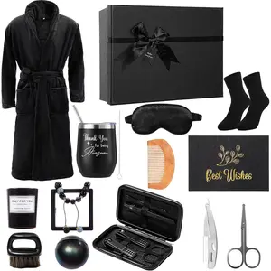 15 Pcs Birthday Gifts for Men Beard Care Set for Him Dad Birthday Gifts Basket Ideas Kit for Men Tumbler Bath Robe for Father'S Day Dad Husband Boyfriend Box (Unhooded,Black)