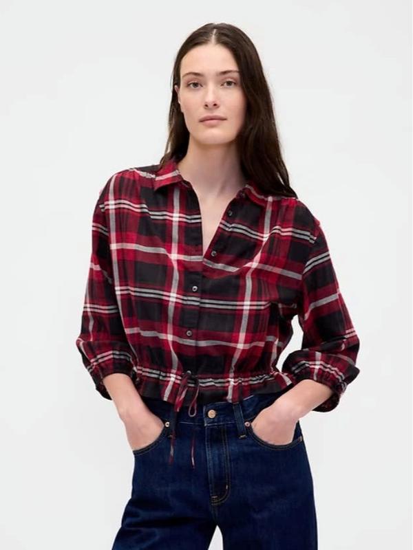 Denim Tie-Waist Top - Oversized Fit Slightly Cropped Spread Collar Elbow Balloon Sleeves Button Front Elastic Waist Tie Detail Black Wash