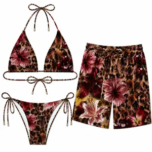 Wild Bloom Leopard Floral Bikini Set & Men’s Swim Shorts – Bold Tropical Elegance with Luxe Animal Print for Stylish Beach & Resort Looks