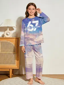 Purple-pink cloud digital 67 dreamy fairy 2-piece girls' digital printed long-sleeved pajamas with long sleep pants, made of flame-retardant fabric, it is a comfortable and soft pajama set, Pajama outfit, suitable for sleeping and home