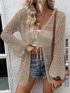 Women's Solid Color Hollow Out Tie Front Crochet Cardigan, Casual Long Sleeve Knitwear for Summer, Fashion Women's Knit Clothing for Daily Wear, Knitting