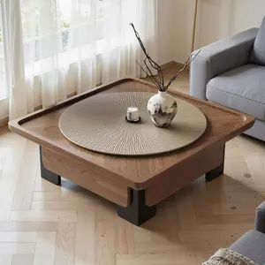 Viral Japandi Wabi-Sabi Square Solid Wood Coffee Table With Rotating Tray | 39.37"L × 39.37"W × 13.78"H | Vintage Walnut Mid-Century Modern Center Table | Minimalist Rustic Living Room Home Furniture