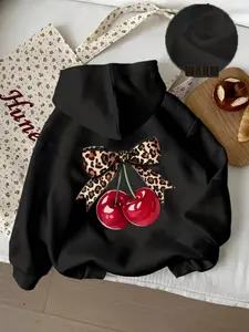 Women's Dropped Shoulder Hoodie with Leopard Bow Cherry Print, Leopard Bow Detail Hoodie, Casual Drawstring Pocket Sweatshirt for Fall & Winter