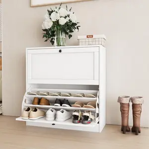 VOWNER Shoe Cabinet with 2 Flip Drawers, Shoe Storage Cabinet with 3-Tier Shoe Rack & Adjustable Shelves, Shoe Organizer for Entryway, Hallway, White