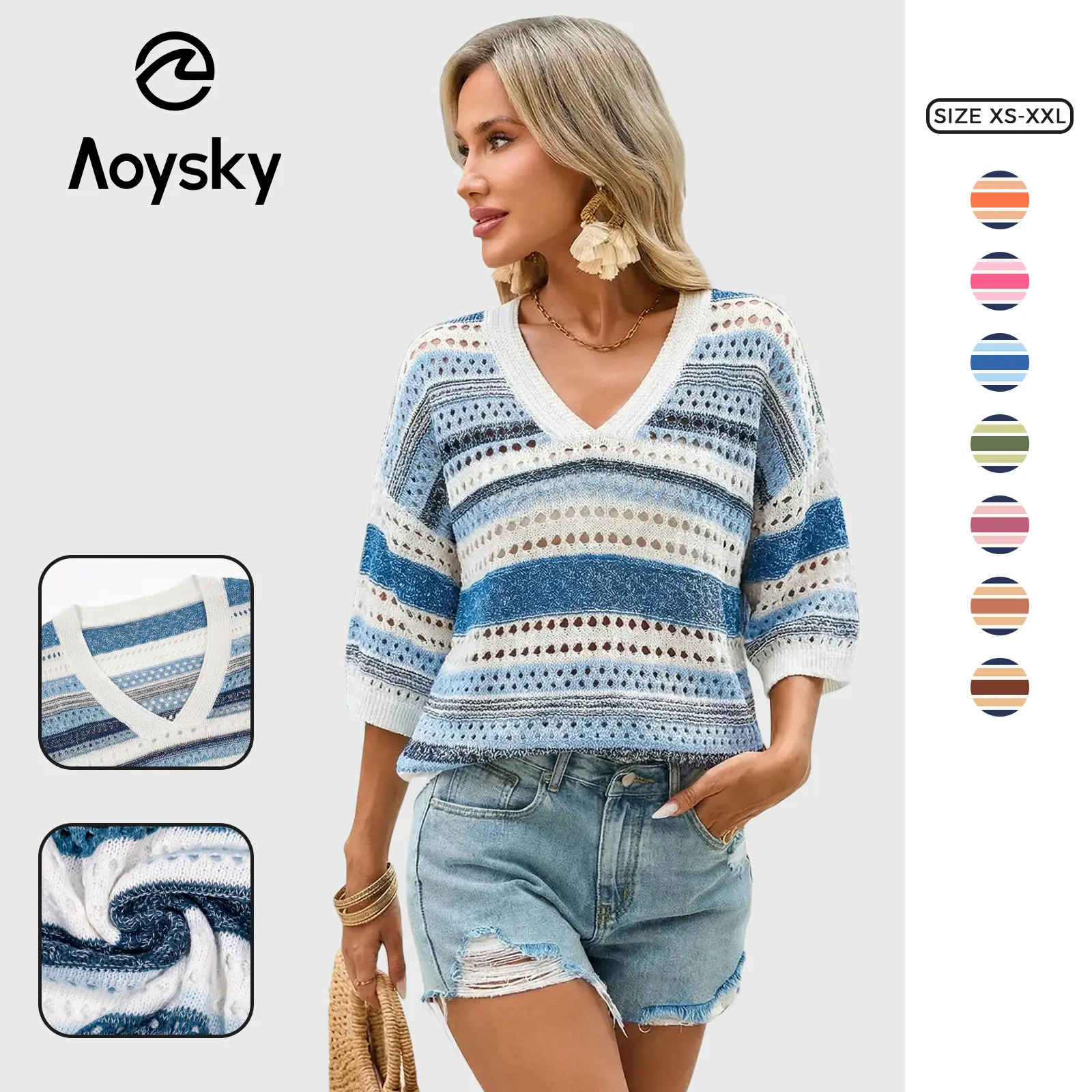 Aoysky Women's V-Neck Striped Knitwear Tops - Short/Long-Sleeve, Hollow-Out, Medium-Length, Plus-Size Polyester Basic Casual Pullovers for 2026 Beach Cruises, Knitting