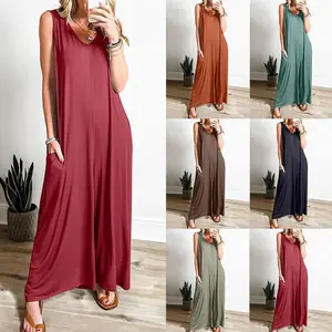 Women Sleeveless V Neck Jumpsuit Loose Casual Breathable Solid Color Outdoor Hiking Vacation Pants Jumpsuits & Rompers