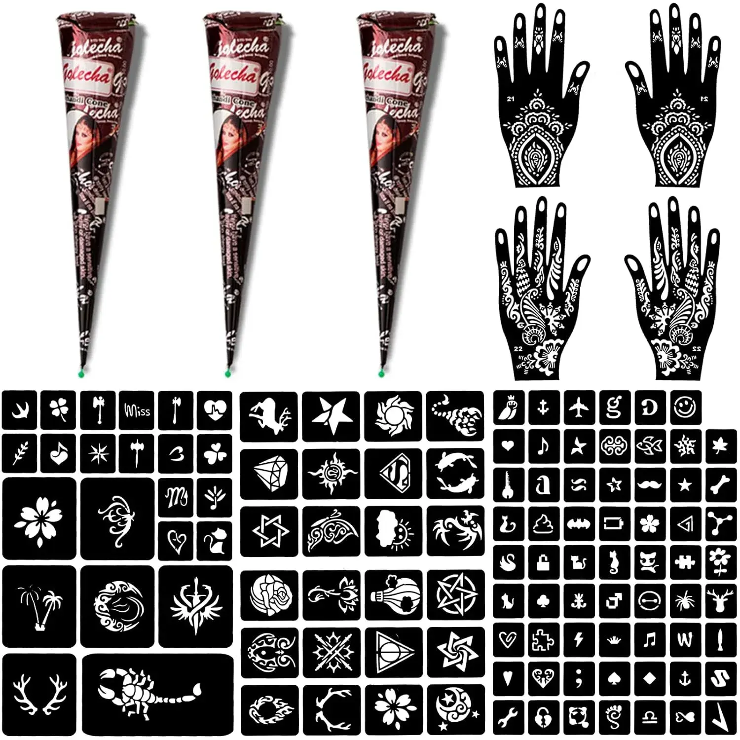 Temporary Tattoo Kits 3 Henna tattoo cones 101 Stencils Semi Permanent Tattoo Markers Jagua Gel for Women Men Kids DIY Art Painting Party Gifts