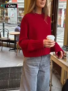 Pure Color Casual Round Neck Sweater Knitwear, Daily Commute Style, Thin Fabric,  Fall & Winter Wear, Women's Fashion