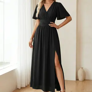 Elegant V-Neck Maxi Dress for Women, Flowy Ruffle Sleeve Split Long Dress – Perfect for Mother's Day, Party, or Wedding Guest