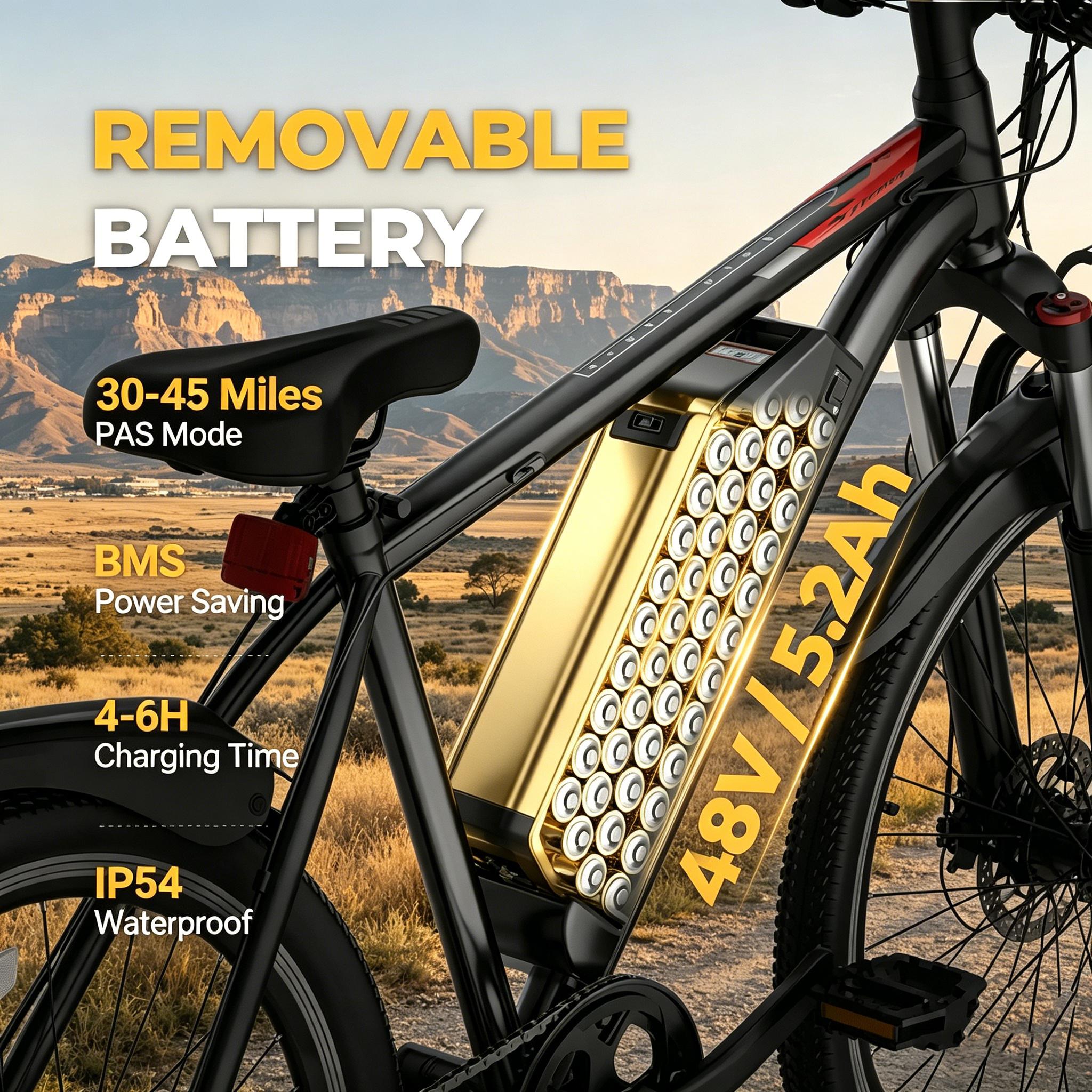 B High Performance Mountain E-Bike 350W Motor 26” Inflatable Tires 48V Battery 22MPH 20‑70 Miles PAS Dual Front & Rear Disc Brakes