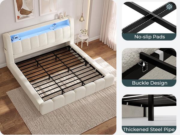 ADORNEVE King Size Bed Frame with Upholstered Boucle Headboard, Customizable LED Lighting, Charging Station, Soft Foam Padding, Rounded Corners - Ideal for Bedroom Decor, Functional Home Use,dorm essentials,home decor