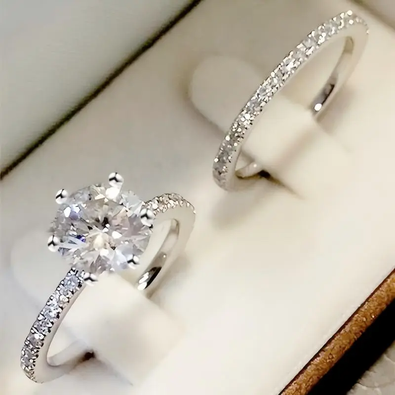2-Piece Set Classic Stylish Silvery  Round Cubic Zirconia Decorative Ring Set for Women - Suitable for Daily Wear and Wedding Rings