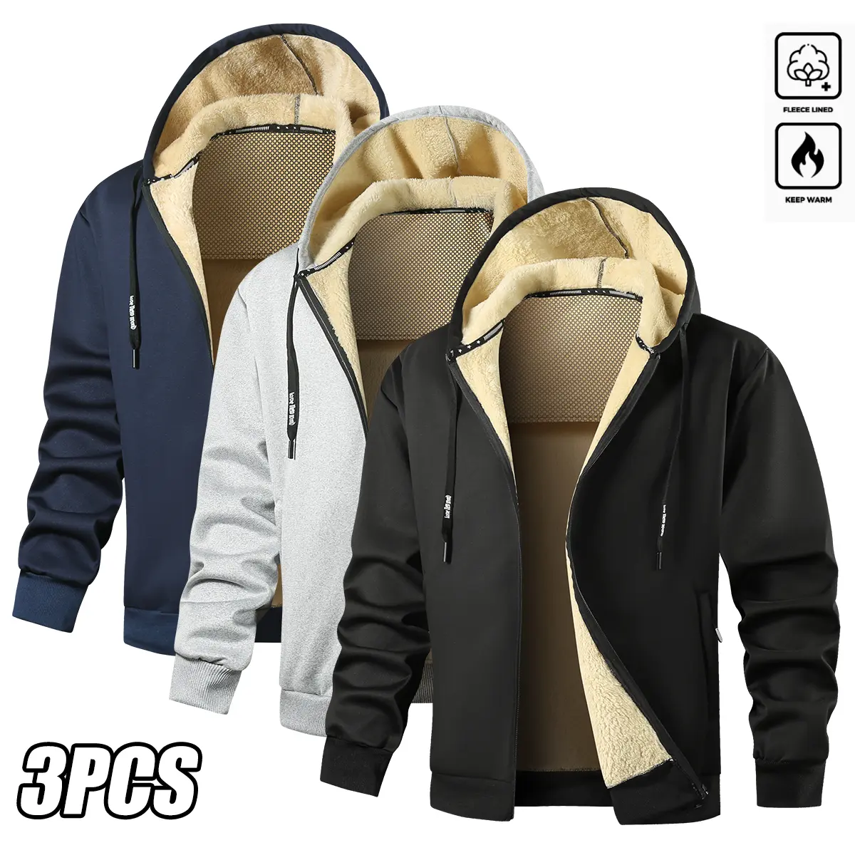 3pcs Set - Men'S Casual Sports Hooded Jacket, Long-Sleeve Hooded Drawstring Full-Zip Front Jacket, Autumn And Winter Outdoor Sports Top with Large Pockets, Stylish And Versatile Sportswear, Suitable for Fitness And Jogging, Warm Fleece