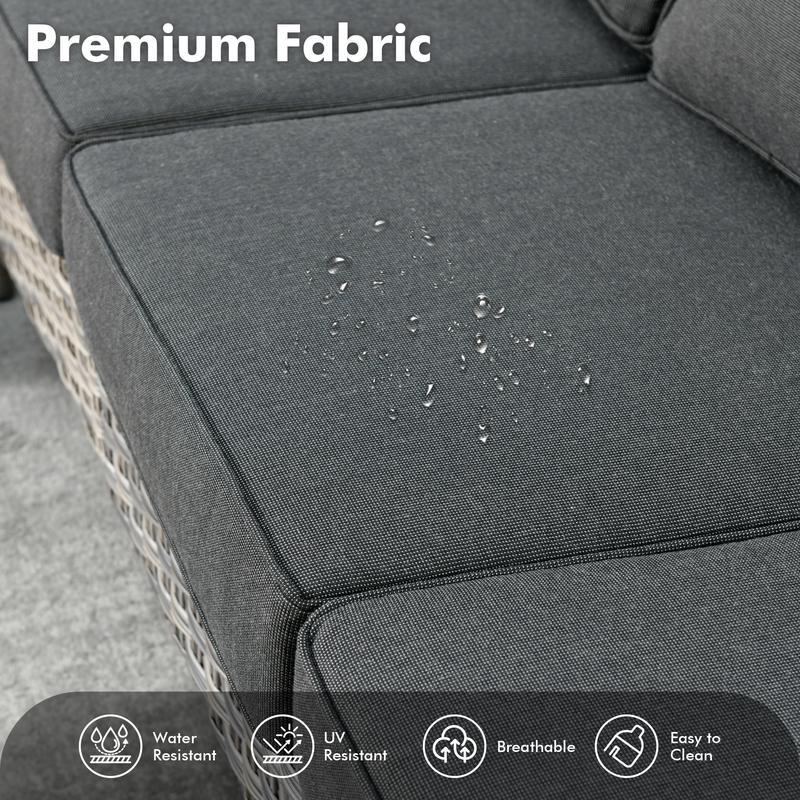 【4 Packages Shipping】Ovios 5 Pieces Outdoor Patio Furniture with 3-Seat Sofa,Rattan Wicker Coversation Set with Swivel Rocking Chair,Balcony Sofa Set with Shiny Solar Powered Coffee Table for Outside Porch Backyard PooL