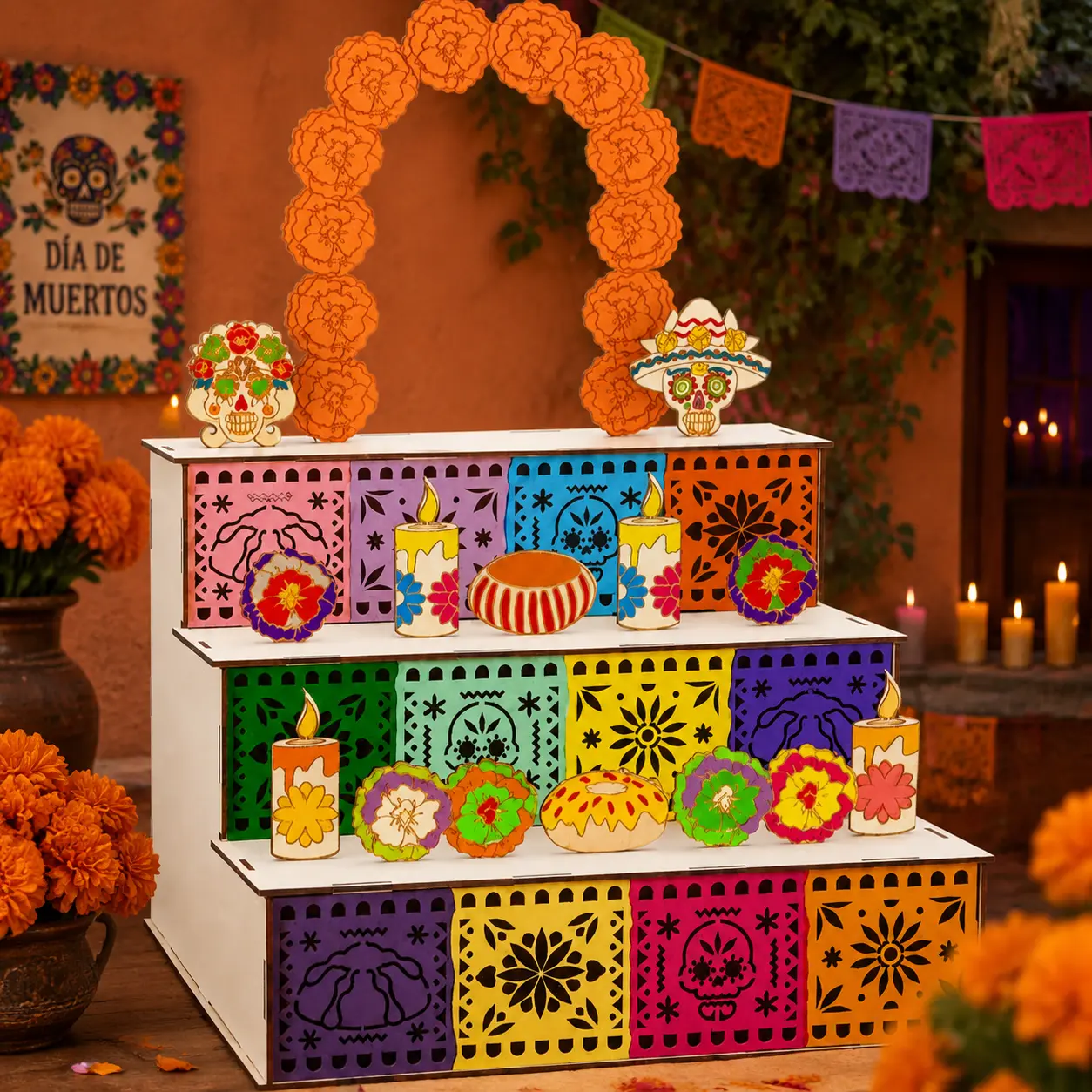 Día de los Muertos 3-Tier Wooden Altar Display Set, Mexican Ofrenda Decor with Sugar Skull, Marigold Flowers, Candles & Papel Picado