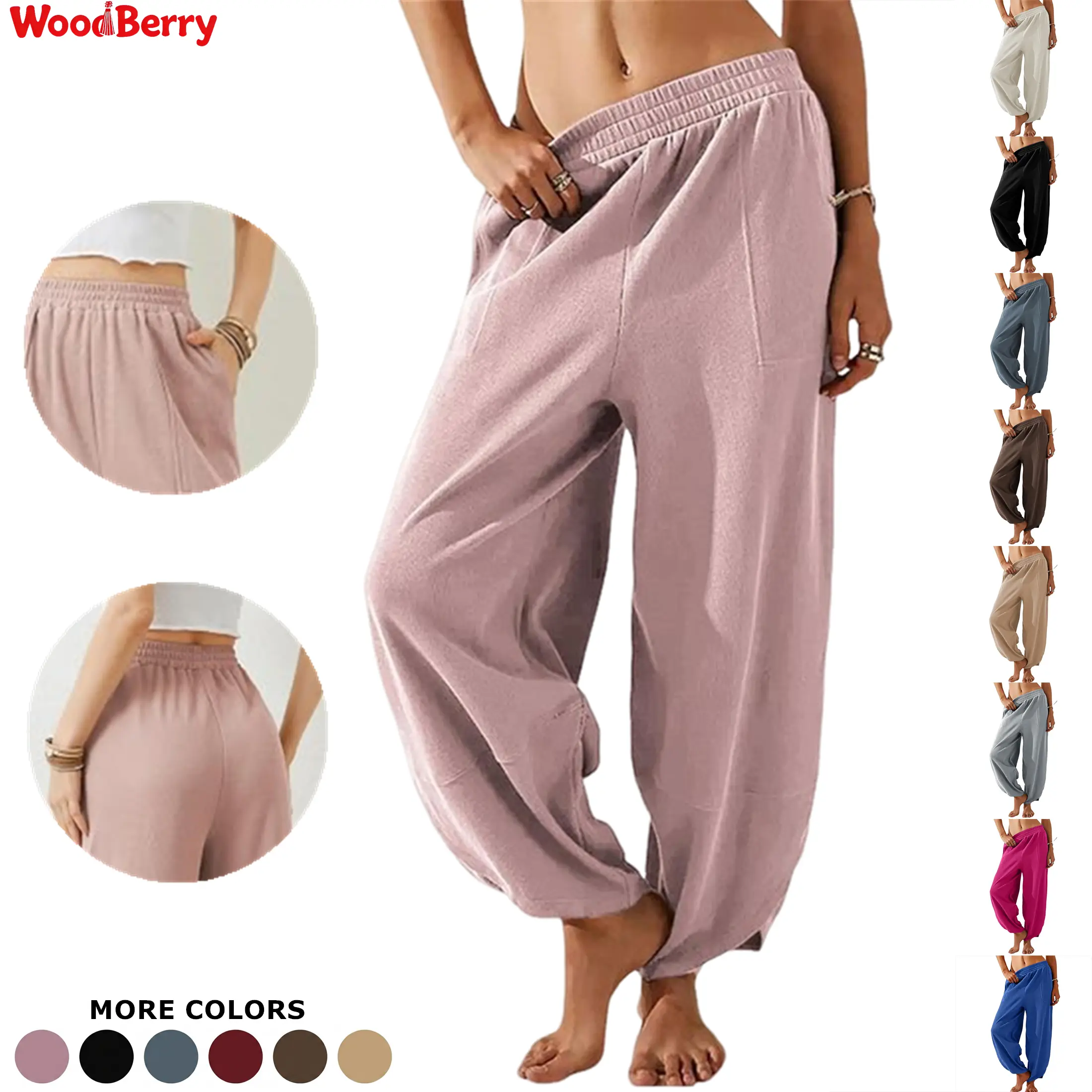 WoodBerry Women’s Minimalist Loose Harem Pants - Elastic Waist, Ankle-Length, Baggy Wide Leg Women’s Clothes with Pockets, Casual Jogger Sweatpants for Beach, Street Wear