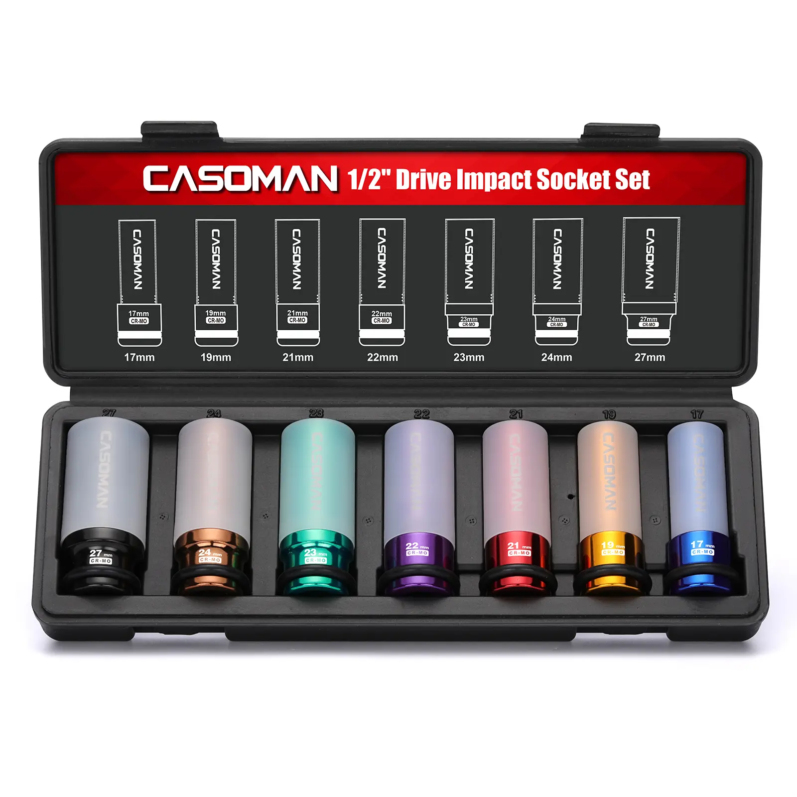 CASOMAN 7PCS 1/2" Drive Deep Lug Nut Impact Socket Set, Non-marring & Thin Wall Wheel Protector, Color-Coded, 85mm Length, 6 Point, Metric, CR-MO sohochic