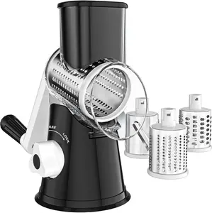 Cheese Grater Hand Crank, Rotary Vegetable Shredder with Handle and Strong Suction base, 3 in 1 Kitchen Speed Spin Veggie Slicer Nut Grinder for Pizza Top, Hash brown, Salad and More (Black)