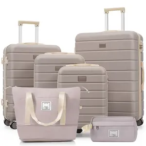 Fashion Style Hard Shell Luggage Set 6 Piece TSA Lock Spinner Suitcase Set 16 20 24 28 Inch with Travel Bag and Toiletry Kit brown