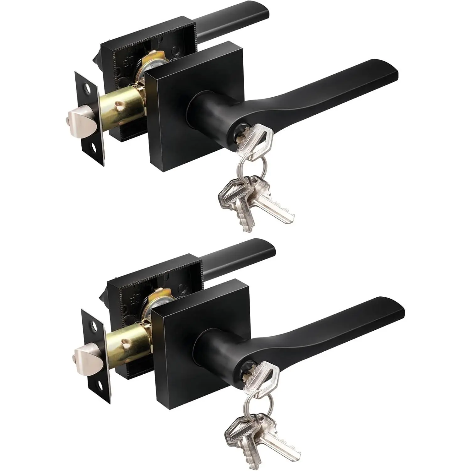 2 Pack Entry Door Lever with Lock and Different ,Matter Black Exterior Door Handle for Office and Front Door, Square Style Reverisble Bedroom Door Knobs with Lock