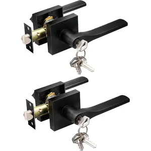 2 Pack Entry Door Lever with Lock and Different ,Matter Black Exterior Door Handle for Office and Front Door, Square Style Reverisble Bedroom Door Knobs with Lock