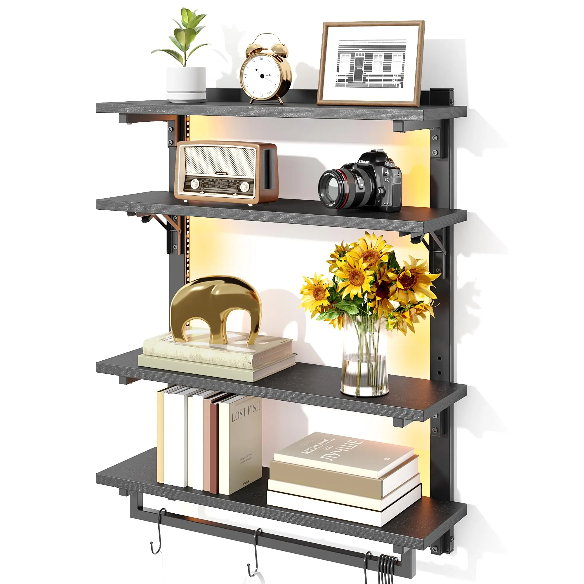 Floating Shelf 24-Inch Sturdy Multicolor LED Lighting Wooden Gaming Floating Shelf - 4-Tier Adjustable Industrial Decor, Foldable Hanging, 8 Hooks (11 lbs Per Hook), Towel Bar, Wall Hanging Fastener, Easy Installation