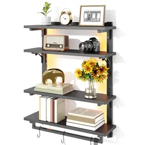 24-Inch Multicolor LED Foldable Hanging Wood Gaming Shelf - 4-Tier Adjustable Wall-Mounted Industrial Decor with Towel Bar, 8 Hooks, Wall Hanging Fastener, Easy Installation for Kitchen, Indoor Display
