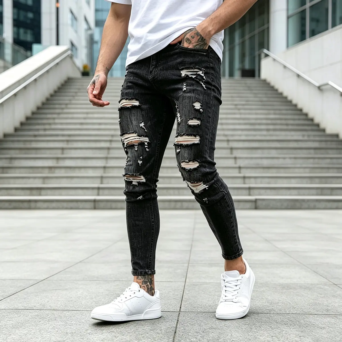 GINGTTO Men's Ripped Jeans Slim Fit Stretch Distressed Denim Pants Y2K Streetwear Casual Jeans Tapered Leg