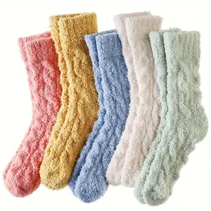 5 pairs of plush women's double-layered socks without shedding fibers - coral fleece socks for couples, warm floor socks, thick pile socks for home use, mid-length sleep socks