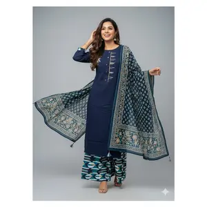#PL3- 8 Elegant Navy 3‑Piece Kurta Suit | Geometric Pants + Dupatta