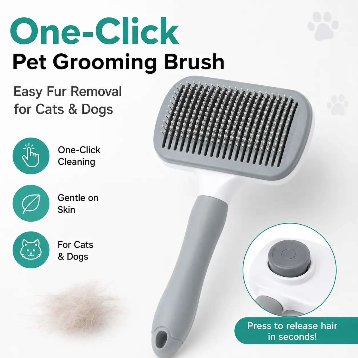 Self Cleaning Slicker Brush for Dogs & Cats, One Click Pet Grooming Brush for Shedding, Loose Fur, Undercoat and Light Tangles, Rounded Pin Brush for Long & Short Hair