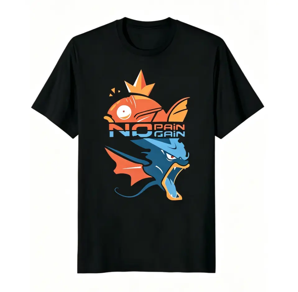 Men's Oversized Loose Fit Stretch Casual Short-Sleeve Washed Cotton T-Shirt - Pocket Monsters Magikarp Gyarados Evolution "No Pain No Gain" Graphic, Retro Vintage Distressed Unisex Anime Streetwear Top