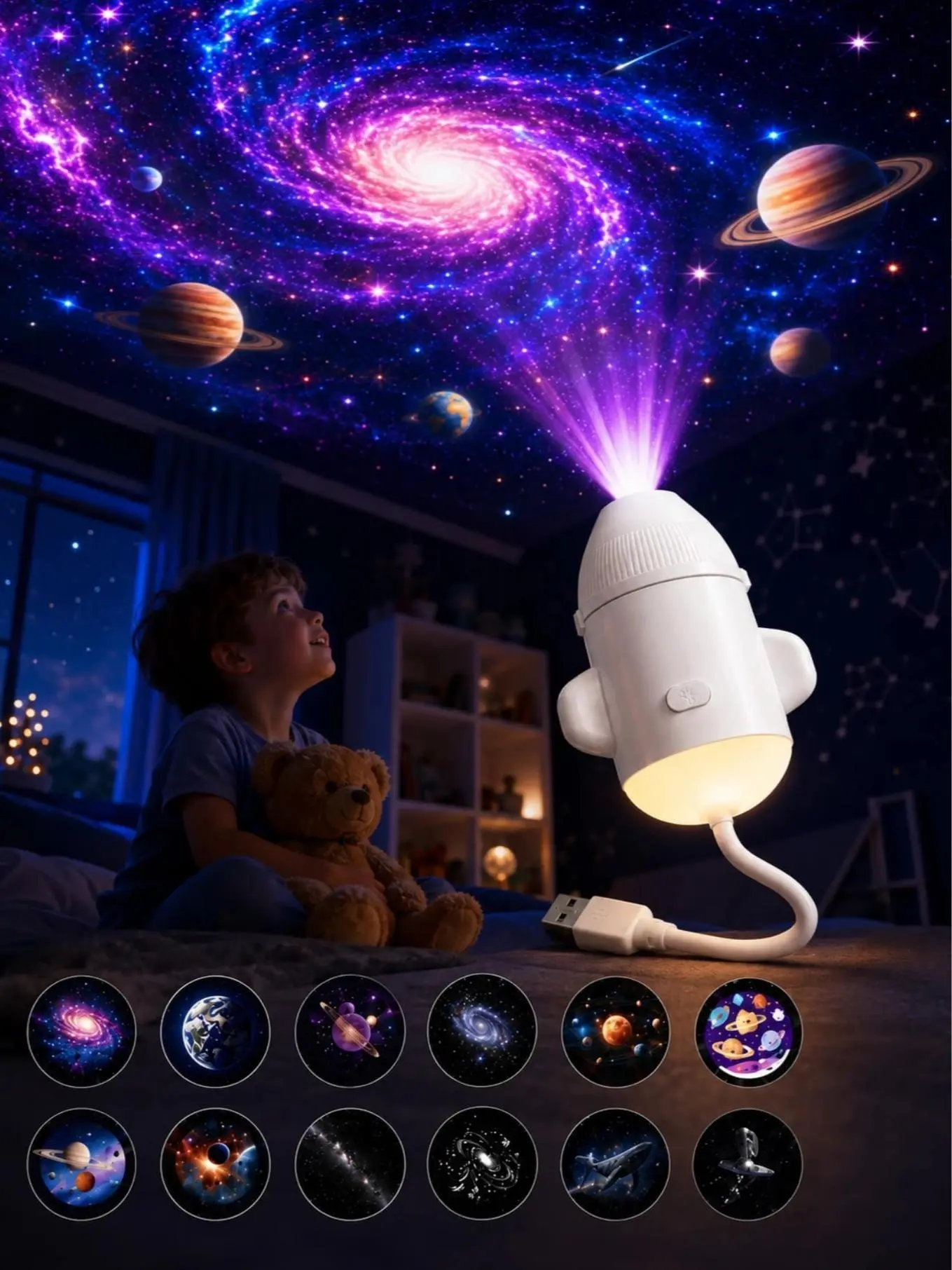 LED rocket projection lamp, displays stunning starry sky, galaxy, nebula and planet projections. Perfect for decorating bedrooms, living rooms, offices and party venues. It also makes a wonderful gift for birthdays and Valentine's Day