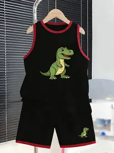 Adorable Tyrannosaurus Print Boys' Sleeveless Set, Summer Clothing Set, Perfect for Dinosaur Theme Events, Outdoor Play, Daily Wear, Cute Dinosaur