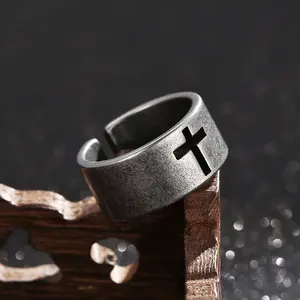 Stainless Steel Cross Ring Vintage Cut Out Design Adjustable Bold Faith Symbol Strength Simplicity Metal Coating Jewelry