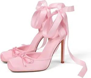 Women's Satin Stiletto Heels - Elegant Square Toe Ballet Slingback Pumps with Bow Accents, Lace-Up Closure for Wedding, Party | Women's Mary Jane Footwear