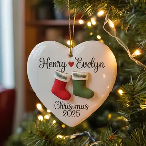 2025 Personalized Couple Christmas Ornament - Custom Name & Date Keepsake Ornament with Red & Green Stockings, Heart-Shaped Ceramic Decoration for Newlyweds, Engagement Anniversary Gift, Holiday Tree Decoration, Christmas Decorations