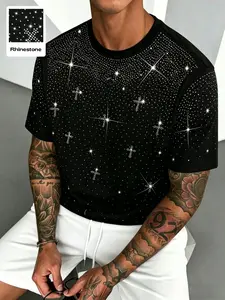 American Street Style Cross Rhinestone Short Sleeve T-Shirt, Perfect Gift for Boyfriend, Starry Rhinestone T-Shirt for Men