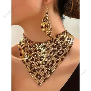 Women's Leopard Print Sequin Fabric Triangle Scarf Necklace & Earrings Set, Exaggerated Clavicle Chain, Trendy Personality Jewelry (Sports & Outdoor Accessories Complement),summervibes