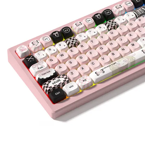 Womier MOA Profile PBT Plastic Cute Style Keycap Set - 132-Key Dye-Sublimation Black Pink Colored Set with Cute Icons, Computer Peripherals for Cherry MX Switches, 60%-100% US Layout Mechanical Keyboards, Versatile Compatibility for Customizable Keyboards