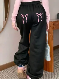 Women's Bow Print Knit Pants, Casual Comfy Fit Trousers for Daily Wear, Ladies Bottoms for All Seasons, Feminine