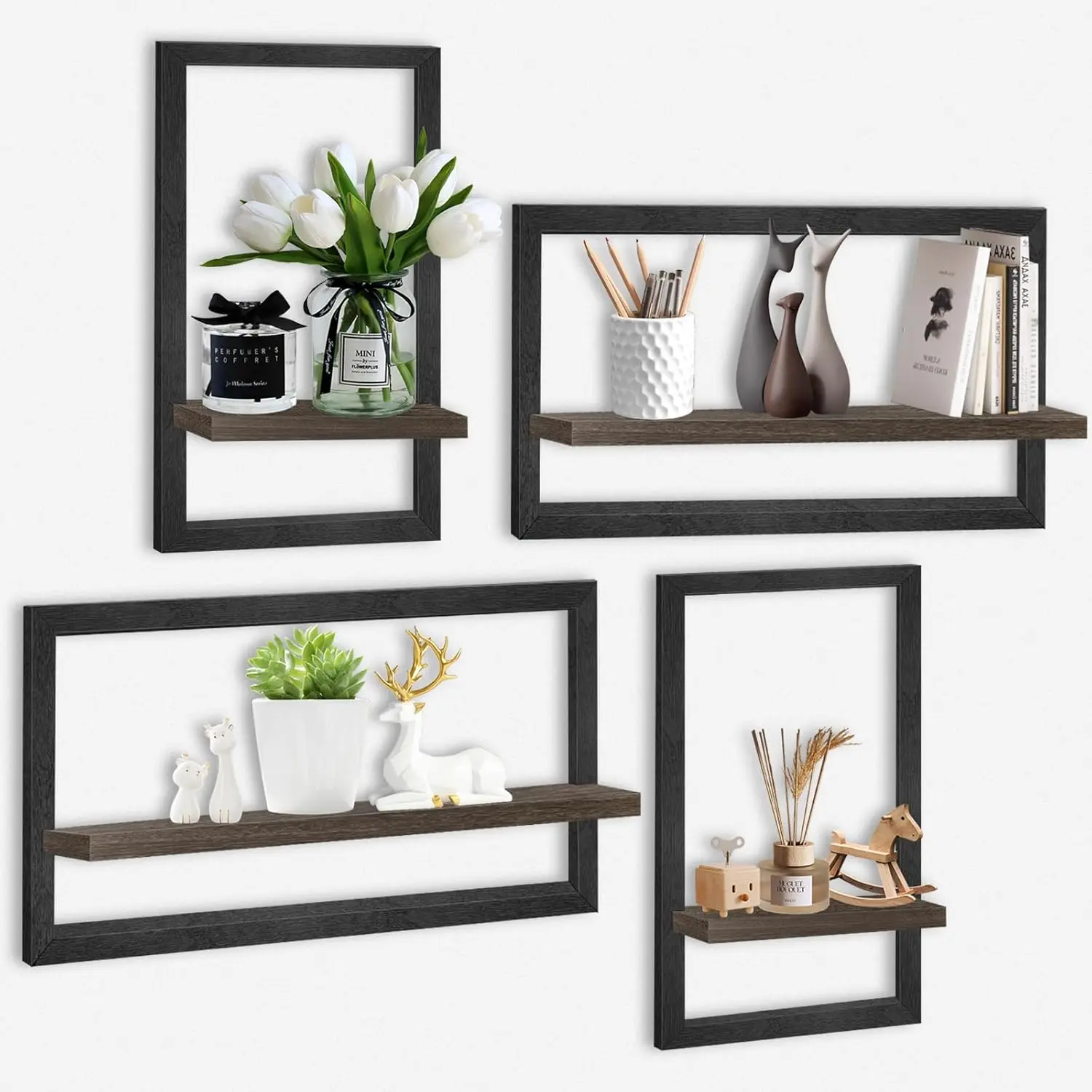 4-Piece Wooden Farmhouse Rustic Floating Shelves Set, Antique Home Supplies Organizer with Photo Display, Lightweight Bedroom/Living Room Storage, Easy Hanging Installation, Thanksgiving Gift