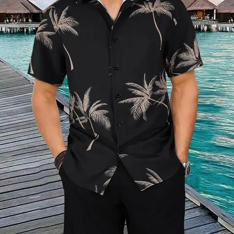 Men's Tropical Plants Print Shirt & Shorts Two-Piece Set, Casual Outfit Set Short Sleeve Button Top & Shorts Set, Men's Clothing Set for Summer Beach Vacation, Menswear