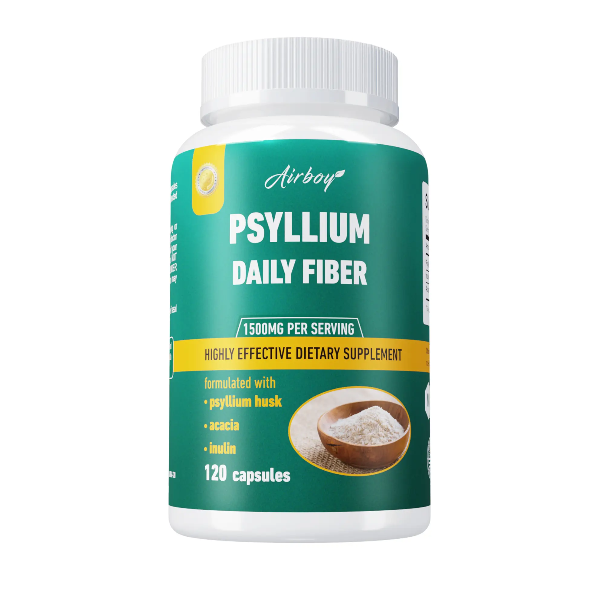 Airboy Daily Fiber Dietary Capsules - 120 Caps Natural Supplements for Adults, 1500mg High-Efficiency Formula with Psyllium Husk & Acacia, Prop 65 Safe, 24 Months Shelf Life, Supports Digestion