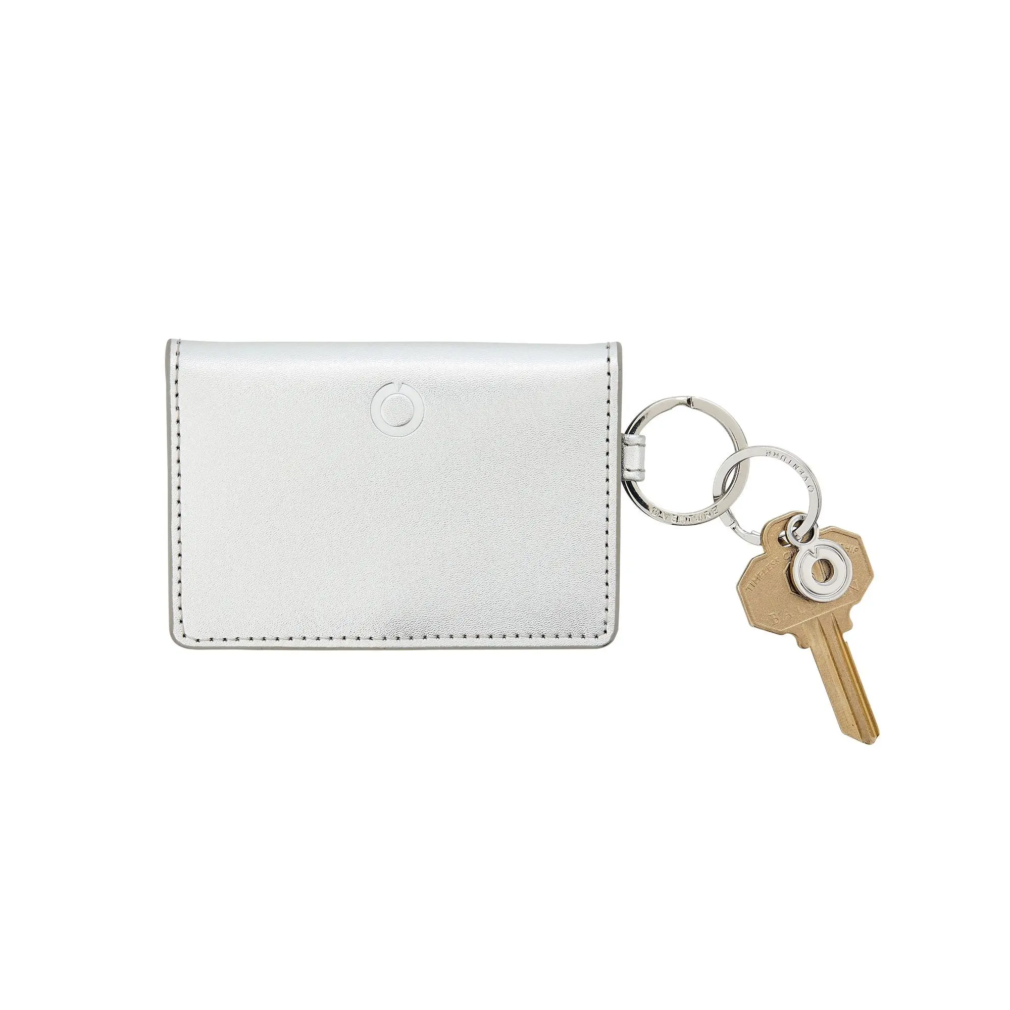 OVENTURE Silver Leather Keychain Wallet - Compact Women's ID Case with Two Clear Windows & Multiple Card Slots