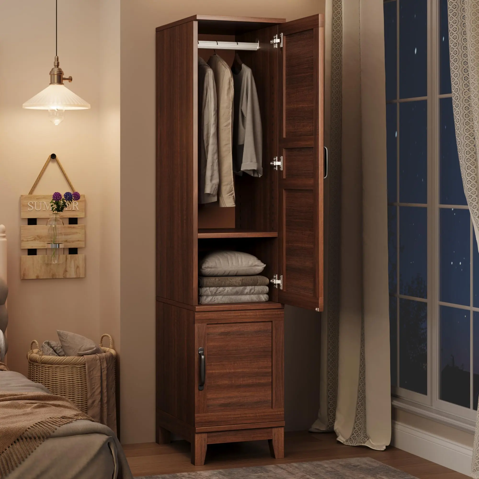 Armoire Wardrobe Closet with 2 Doors, Wooden Wardrobe Cabinet, 72 in Narrow Tall Clothing Armoire Cabinet with 18 Adjustable Shelves, Walnut