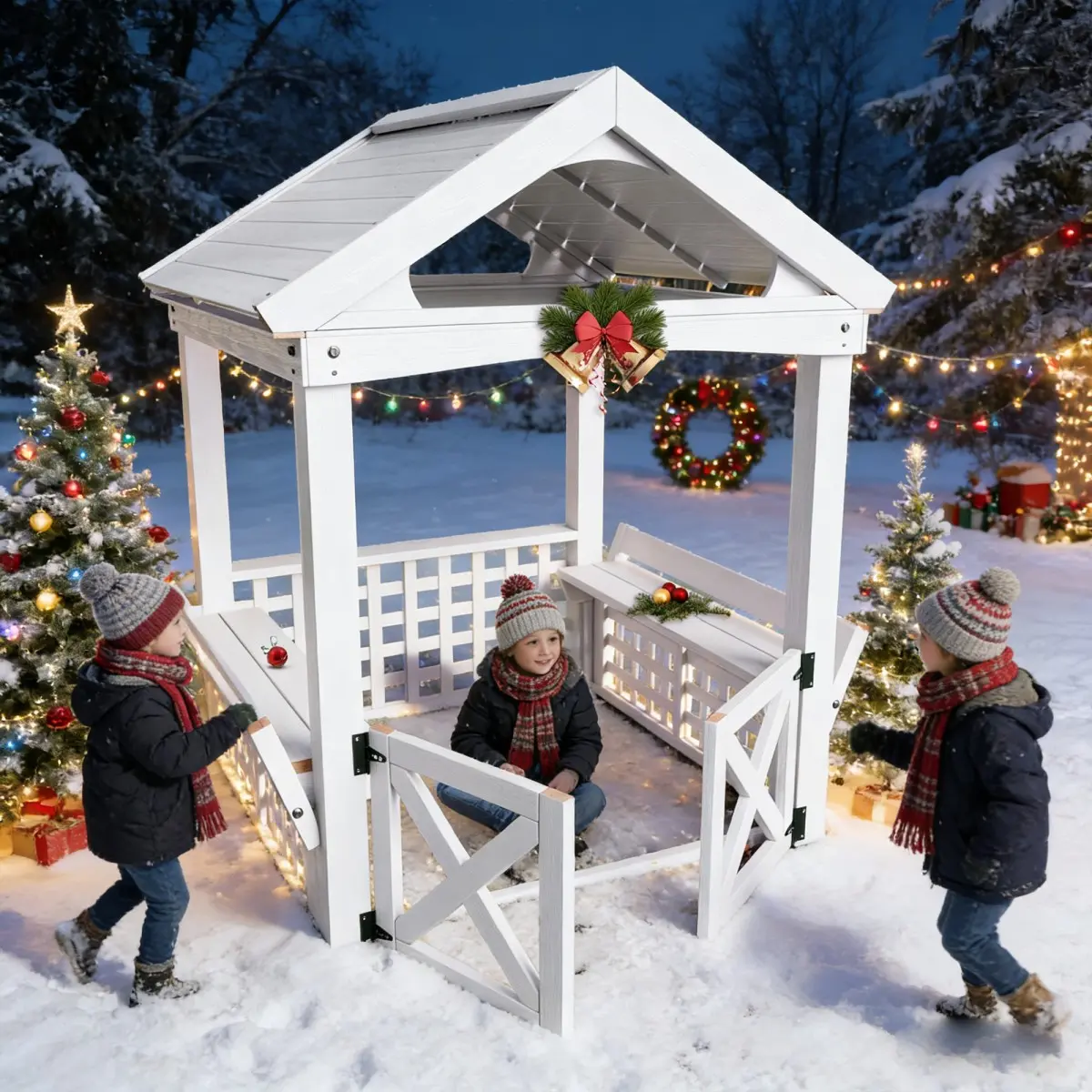 Outdoor Playhouse Kids Modern Wooden Playhouse for Children Waterproof Design with Comfortable Bench and Attractive Door for Christmas Day