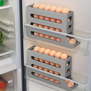 4 Layer Automatic Rolling Egg Rack, Holds 30 Eggs, Fridge Side Door Storage, Plastic Kitchen Egg Organizer Container
