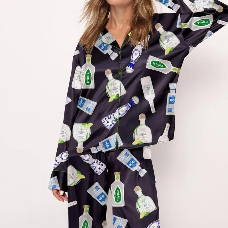 Unwind Studio Women’s Satin Pajama Set Tequila Bottle Inspired Sleepwear Longwear Comfortable Loungewear for Women 100% Polyester Herringbone Satin Elastic Waistband Elegant Hem Details