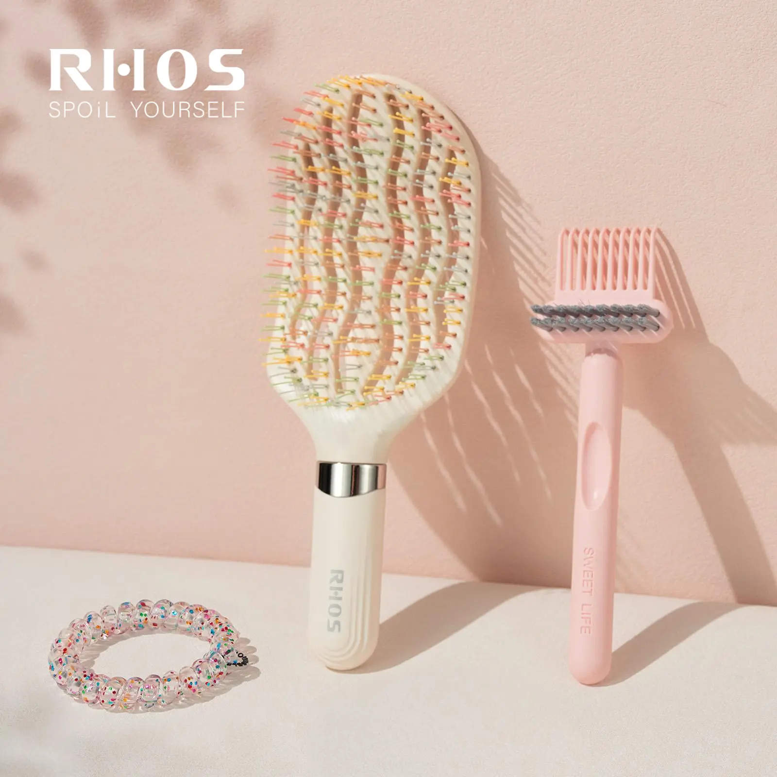 RHOS Colorful Anti-Frizz Hair Brush Set for Women, Static Control Detangling Brush with Cleaner Tool & Spiral Hair Tie, Vented Brush for Smooth Wet & Dry Hair, reduces breakage